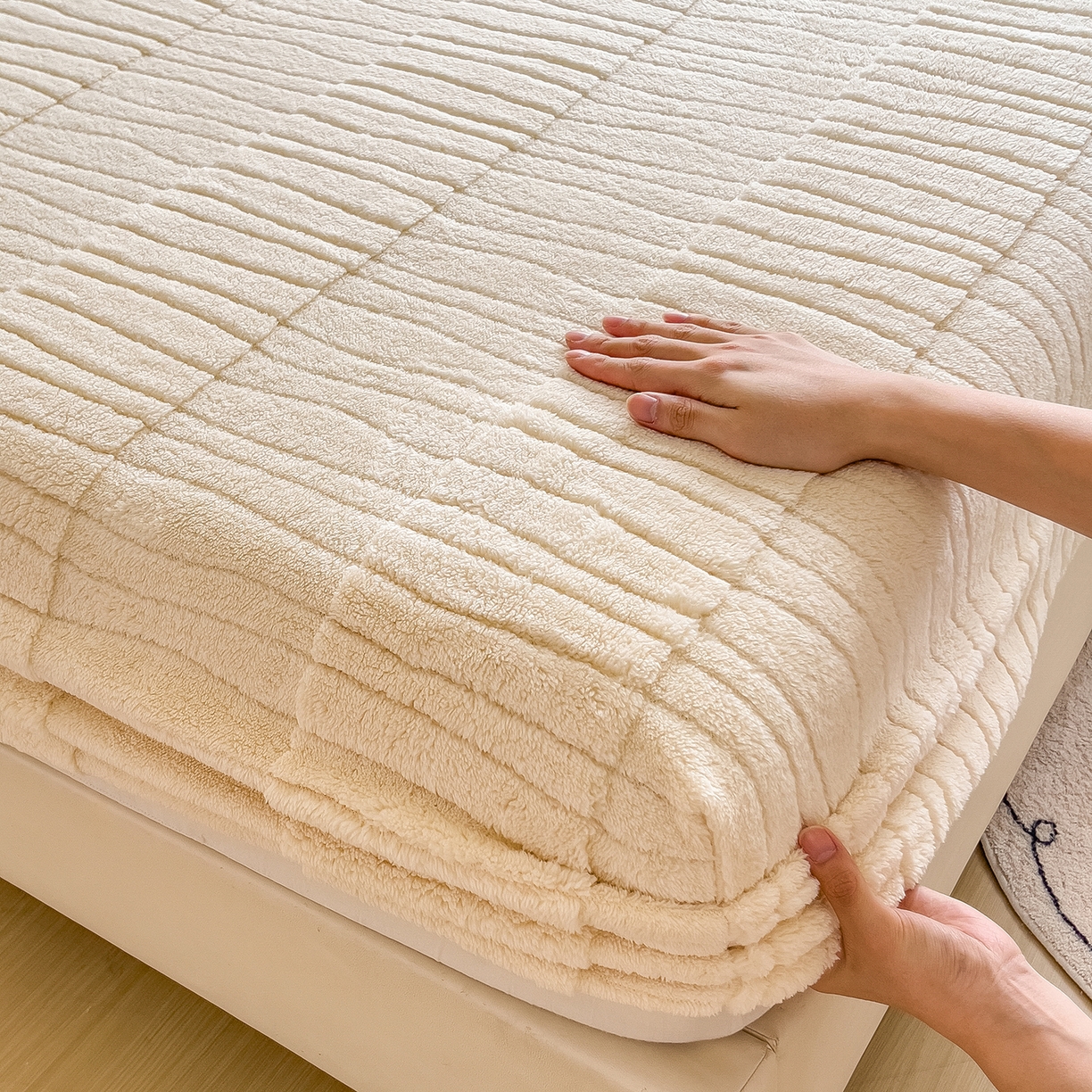 91家纺网 家纺一手货源 找家纺 世纪绒品 2025新款A类水波纹提花牛奶绒床笠 水波纹-米白