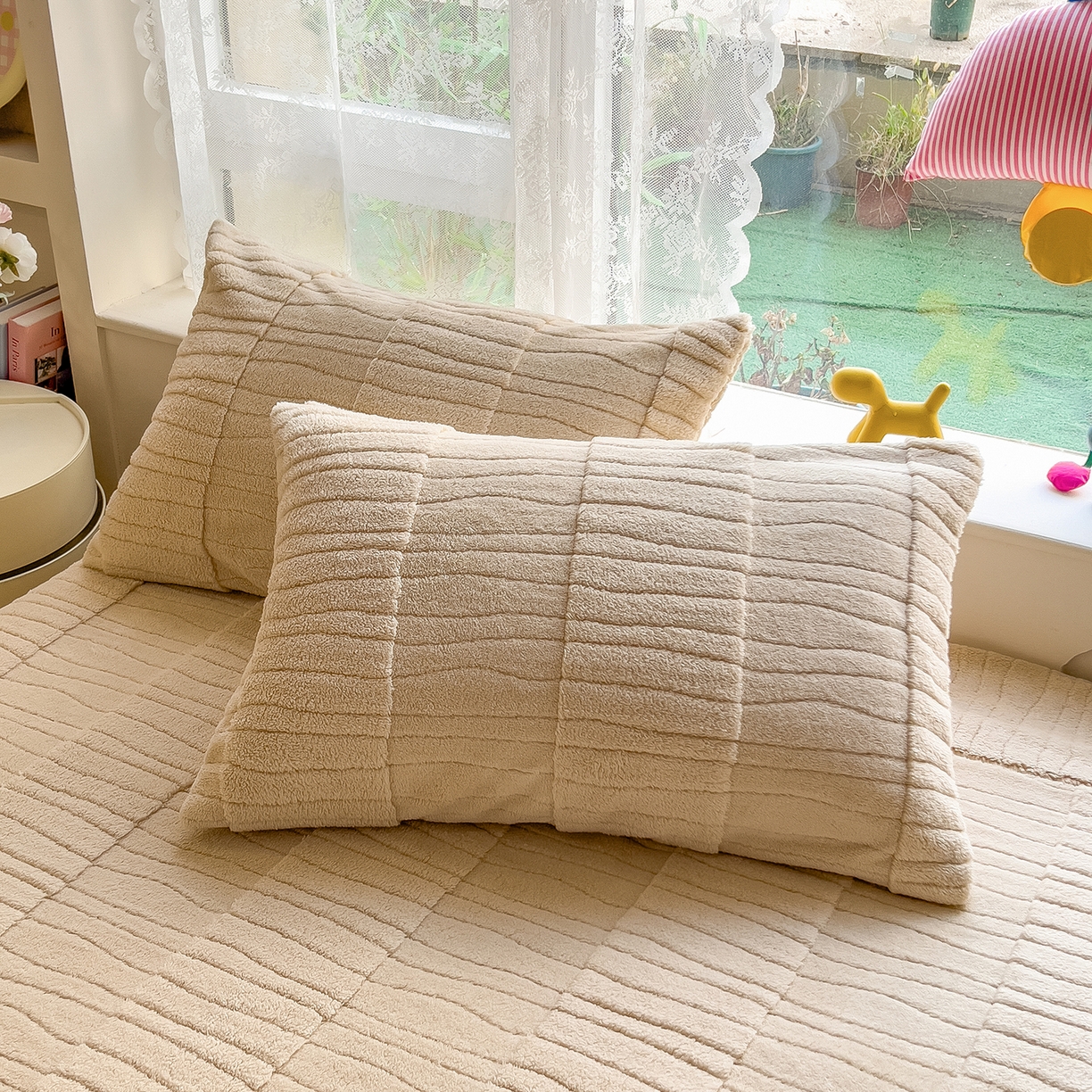 91家纺网 家纺一手货源 找家纺 世纪绒品 2025新款A类水波纹提花牛奶绒床笠 水波纹-浅卡