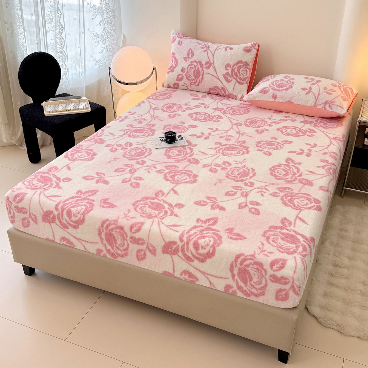 91家纺网 家纺一手货源 找家纺 悦织语 2025新款高克重加厚美拉德獭兔毛床笠床褥子床护垫 兔毛-粉蔷薇