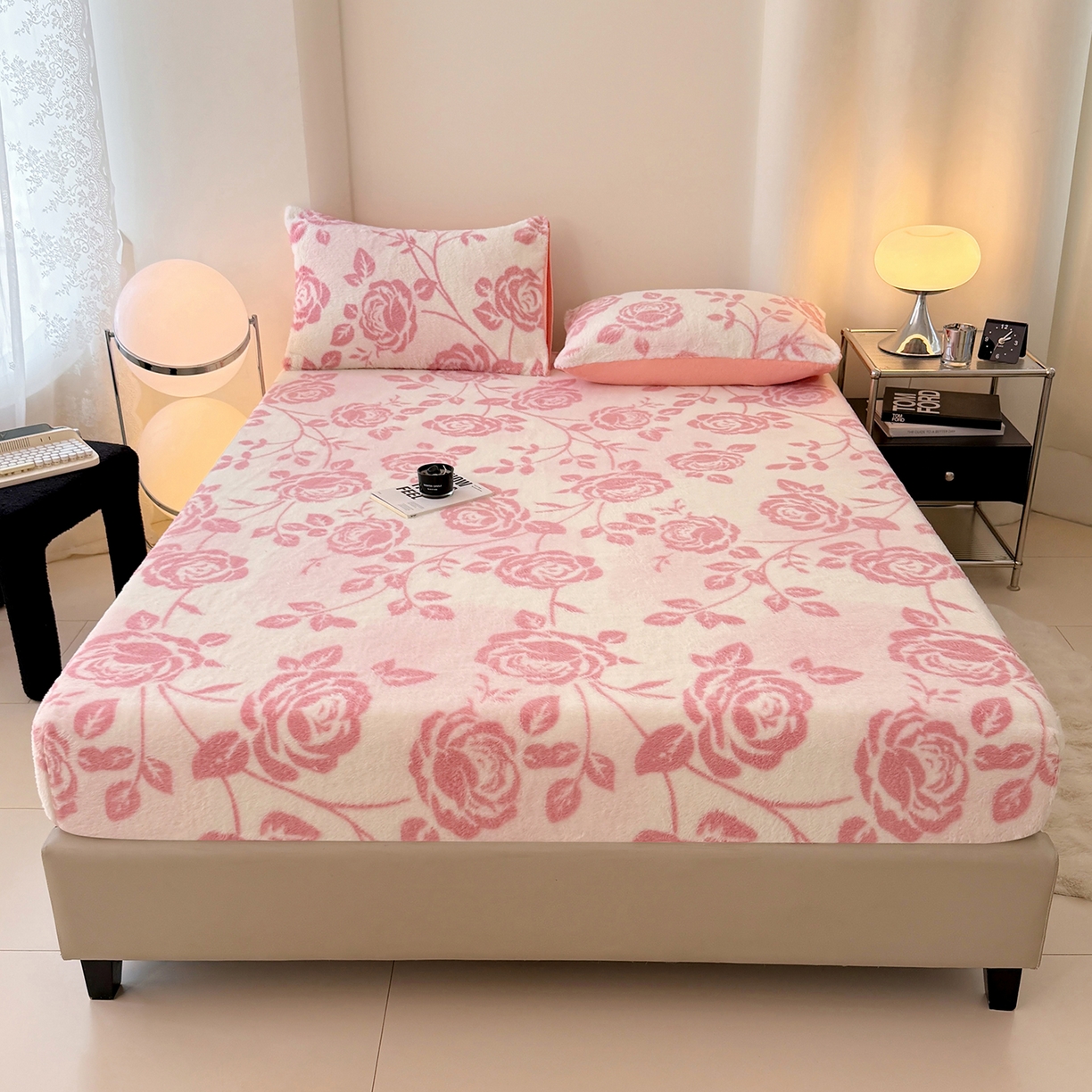 91家纺网 家纺一手货源 找家纺 悦织语 2025新款高克重加厚美拉德獭兔毛床笠床褥子床护垫 兔毛-粉蔷薇