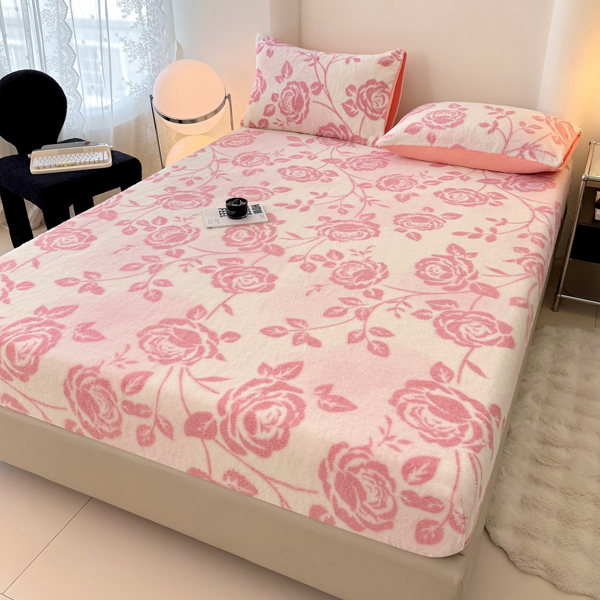 91家纺网 家纺一手货源 找家纺 悦织语 2025新款高克重加厚美拉德獭兔毛床笠床褥子床护垫 兔毛-粉蔷薇