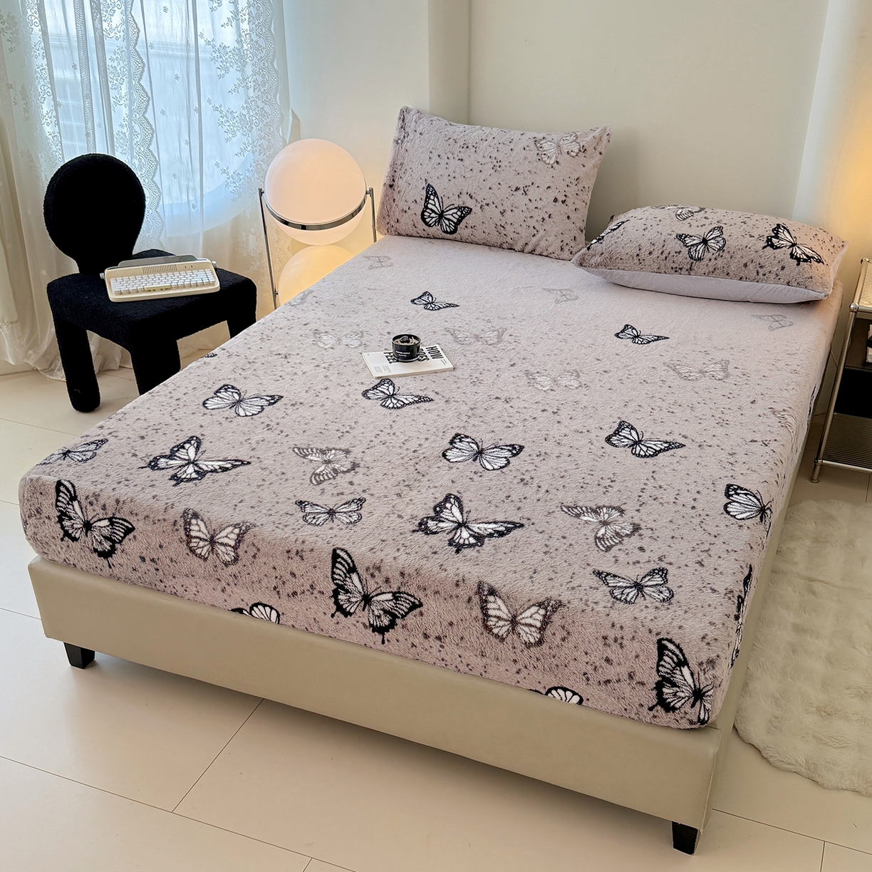 91家纺网 家纺一手货源 找家纺 悦织语 2025新款高克重加厚美拉德獭兔毛床笠床褥子床护垫 兔毛-蝶舞