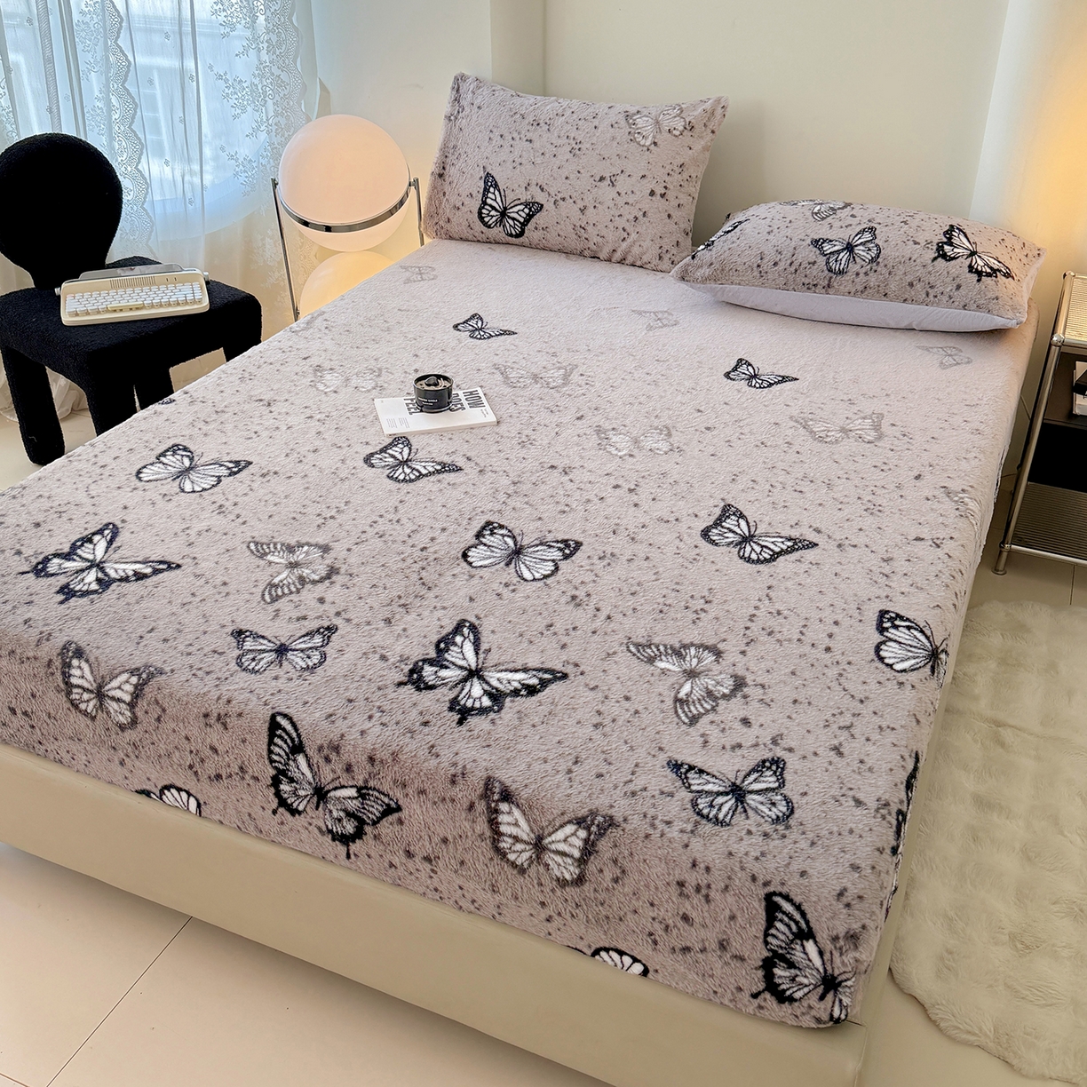 91家纺网 家纺一手货源 找家纺 悦织语 2025新款高克重加厚美拉德獭兔毛床笠床褥子床护垫 兔毛-蝶舞