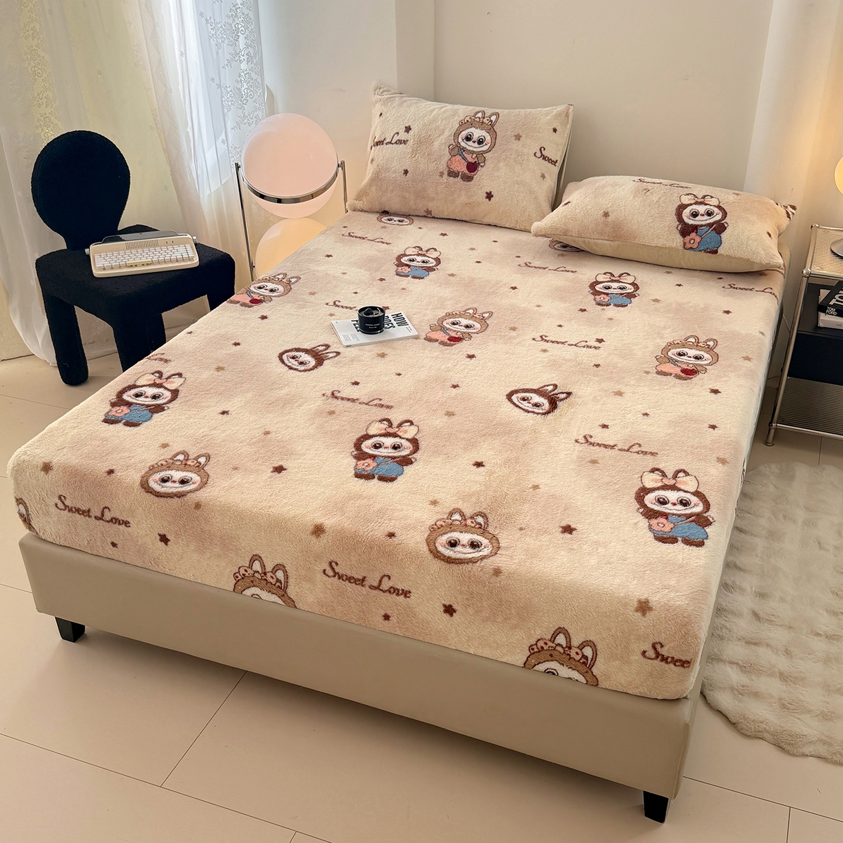 91家纺网 家纺一手货源 找家纺 悦织语 2025新款高克重加厚美拉德獭兔毛床笠床褥子床护垫 兔毛-拉布布