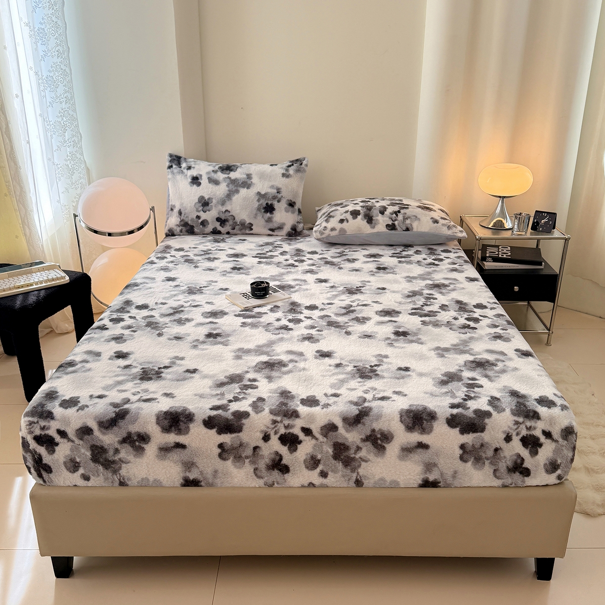 91家纺网 家纺一手货源 找家纺 悦织语 2025新款高克重加厚美拉德獭兔毛床笠床褥子床护垫 兔毛-墨花