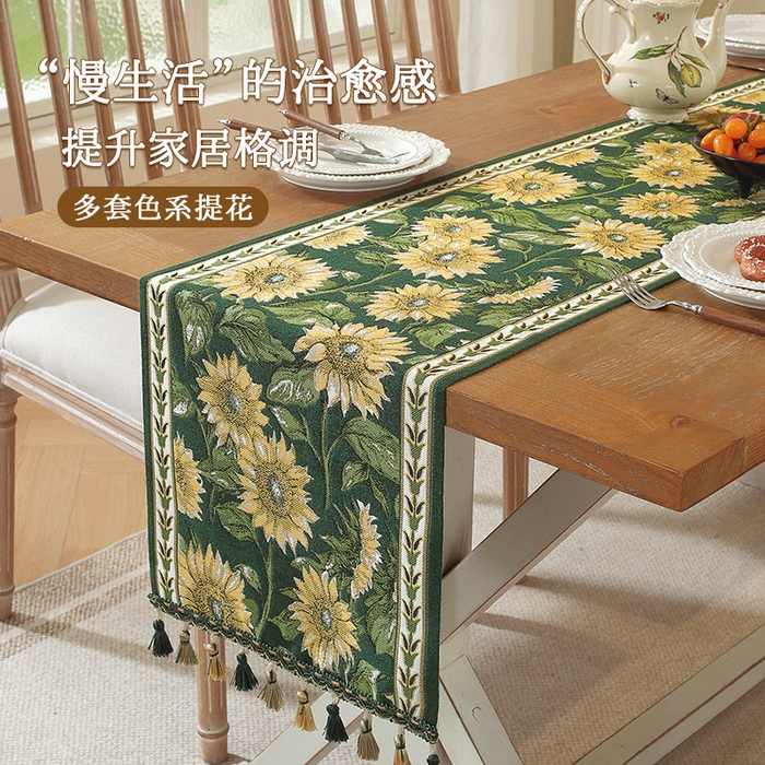 91家纺网 家纺一手货源 找家纺 南通大梧纺织 2025新款美式复古风葵花桌旗 葵花 35*210cm（含吊穗）