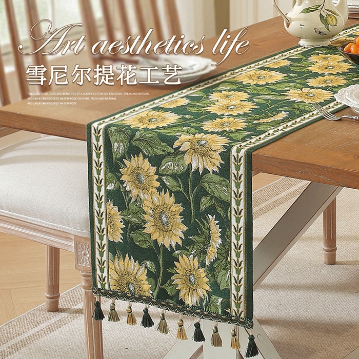 91家纺网 家纺一手货源 找家纺 南通大梧纺织 2025新款美式复古风葵花桌旗 葵花 35*120cm（含吊穗）
