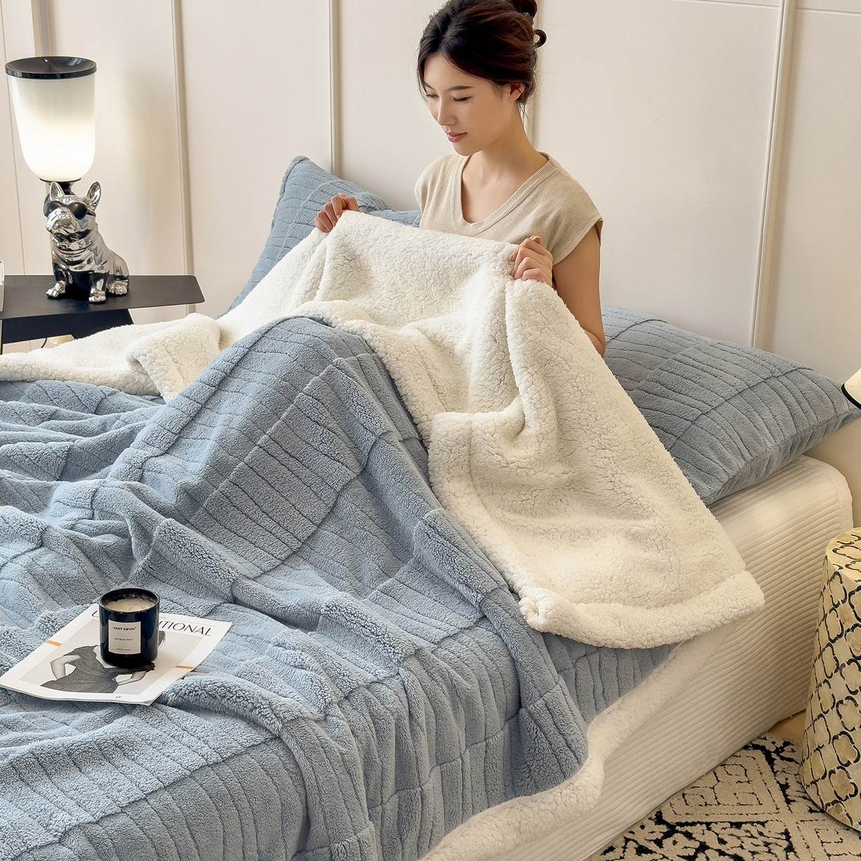 91家纺网 家纺一手货源 找家纺 （总）世纪绒品 2025新款A类加厚水波纹羊羔绒双层提花毛毯