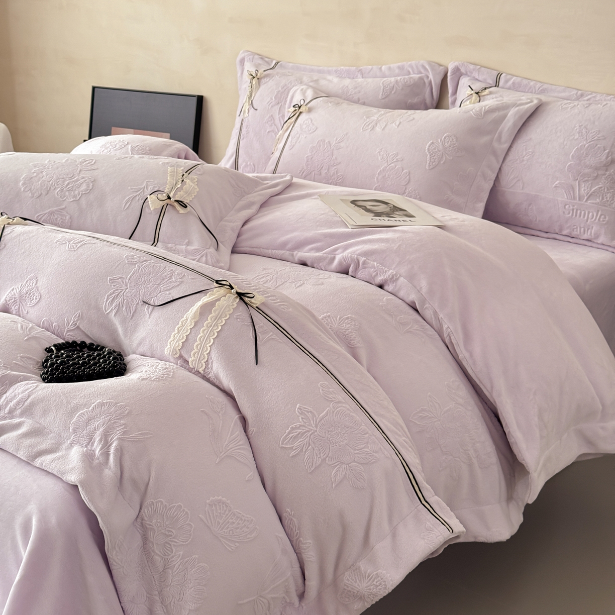 若未家居 LOVEWE HOUSE 2025新款250克法式轻奢牛奶绒雕花工艺款四件套-蝶屿 蝶屿  紫