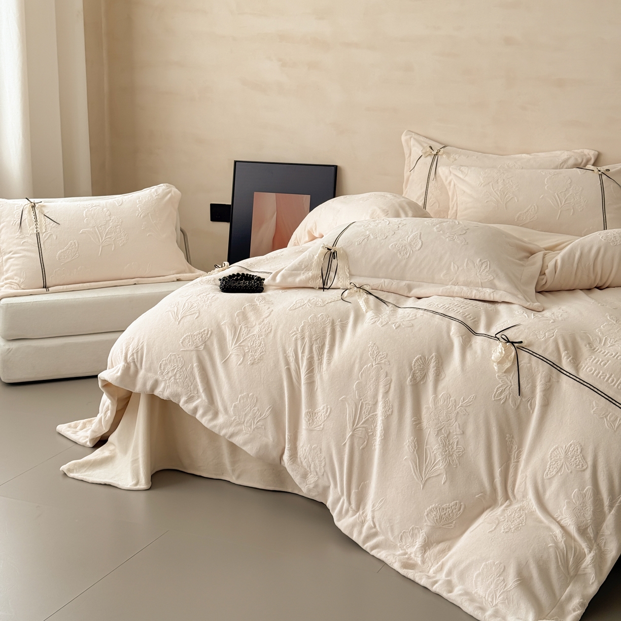 91家纺网 家纺一手货源 找家纺 若未家居 LOVEWE HOUSE 2025新款250克法式轻奢牛奶绒雕花工艺款四件套-蝶屿 蝶屿  奶油白