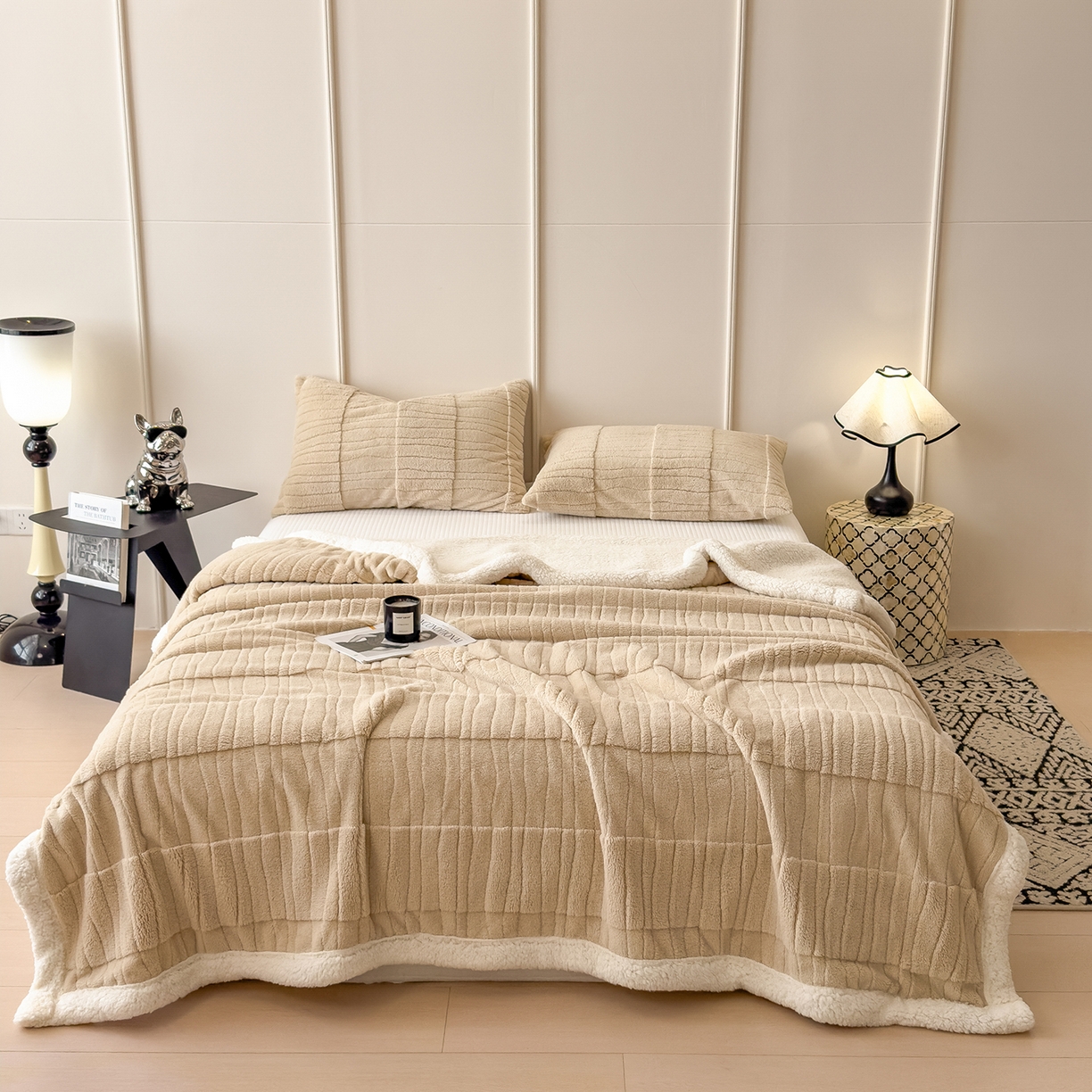 91家纺网 家纺一手货源 找家纺 世纪绒品 2025新款A类加厚水波纹羊羔绒双层提花毛毯 水波纹-浅卡