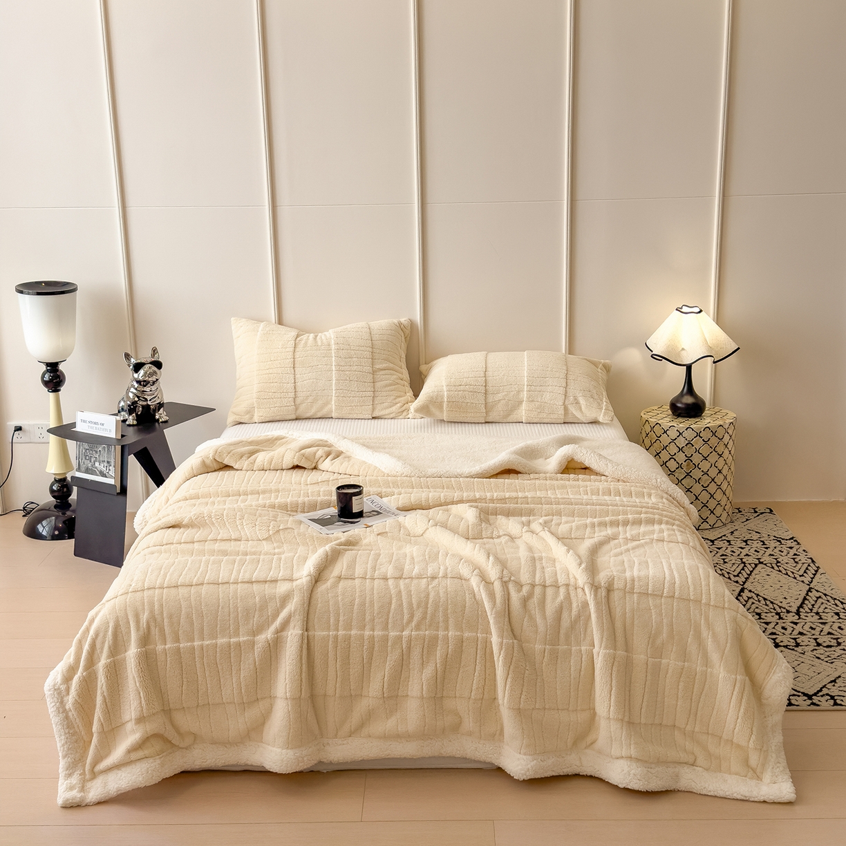 91家纺网 家纺一手货源 找家纺 世纪绒品 2025新款A类加厚水波纹羊羔绒双层提花毛毯 水波纹-米白