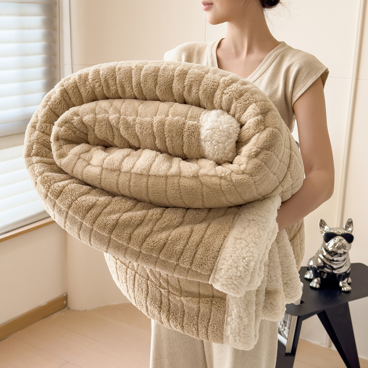 91家纺网 家纺一手货源 找家纺 世纪绒品 2025新款A类加厚水波纹羊羔绒双层提花毛毯 水波纹-浅卡