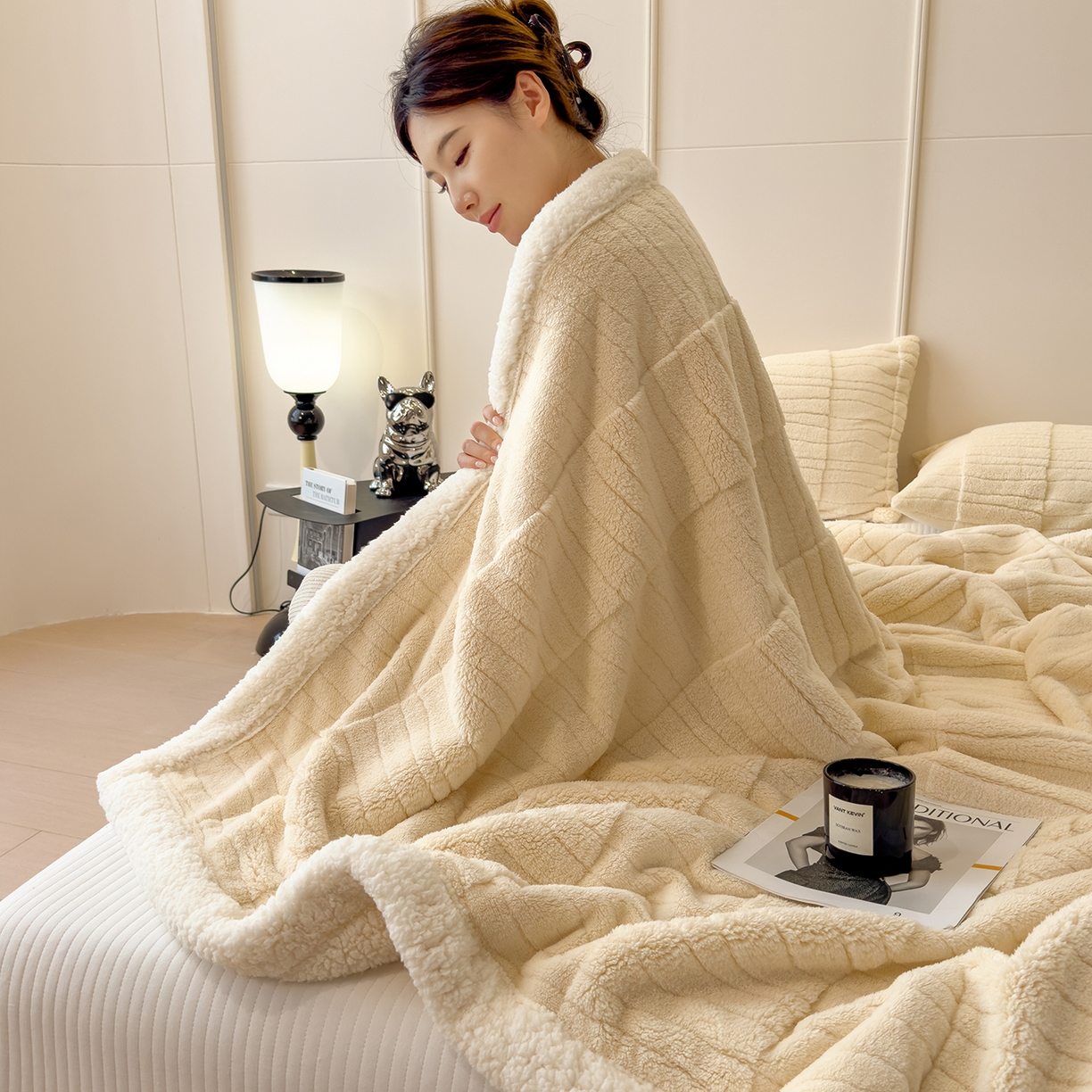 91家纺网 家纺一手货源 找家纺 世纪绒品 2025新款A类加厚水波纹羊羔绒双层提花毛毯 水波纹-米白