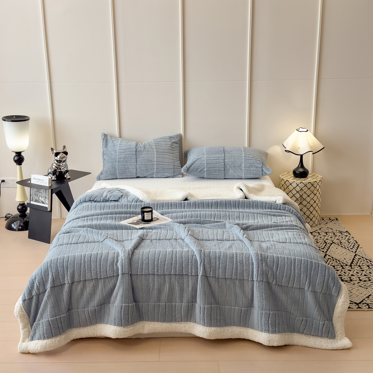 91家纺网 家纺一手货源 找家纺 世纪绒品 2025新款A类加厚水波纹羊羔绒双层提花毛毯 水波纹-蓝灰