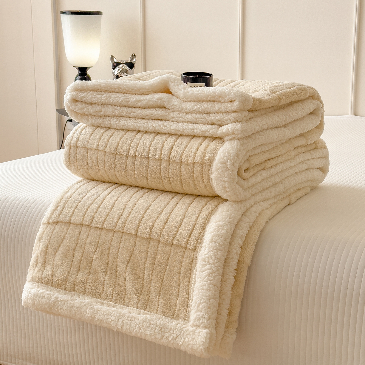 91家纺网 家纺一手货源 找家纺 世纪绒品 2025新款A类加厚水波纹羊羔绒双层提花毛毯 水波纹-米白