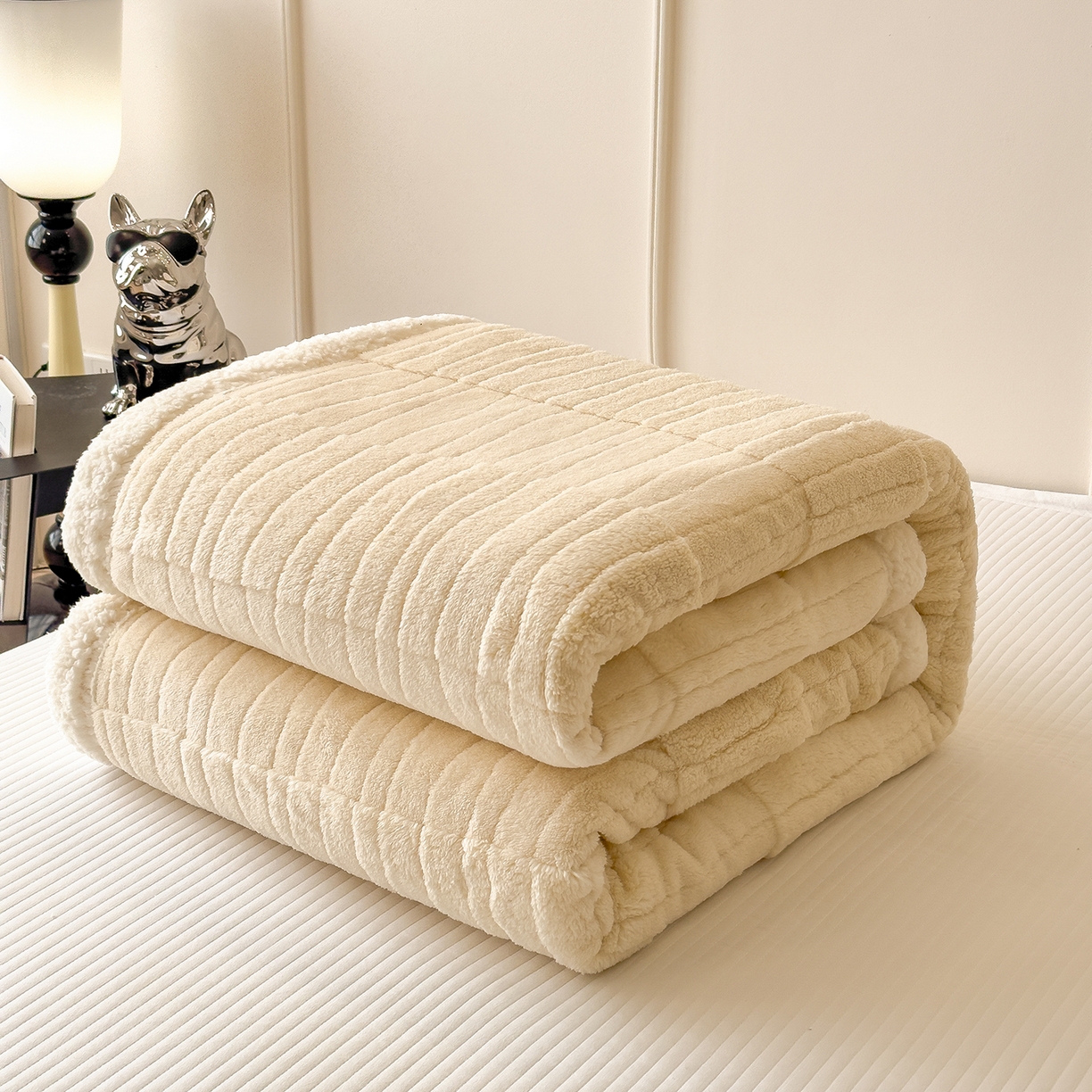 91家纺网 家纺一手货源 找家纺 世纪绒品 2025新款A类加厚水波纹羊羔绒双层提花毛毯 水波纹-米白