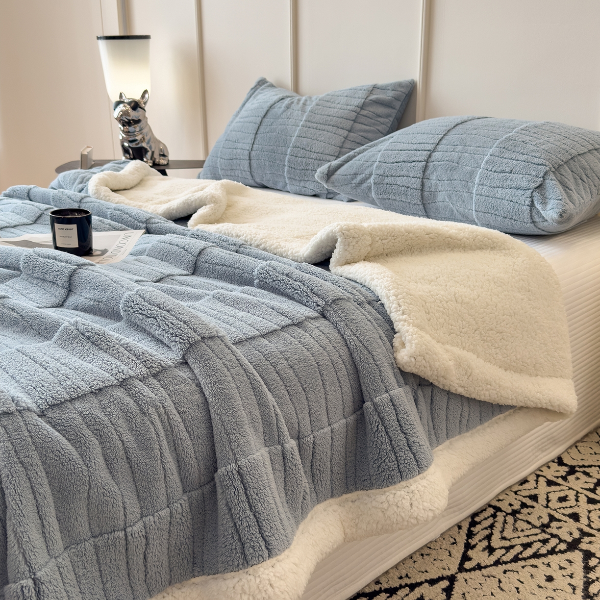 91家纺网 家纺一手货源 找家纺 世纪绒品 2025新款A类加厚水波纹羊羔绒双层提花毛毯 水波纹-蓝灰