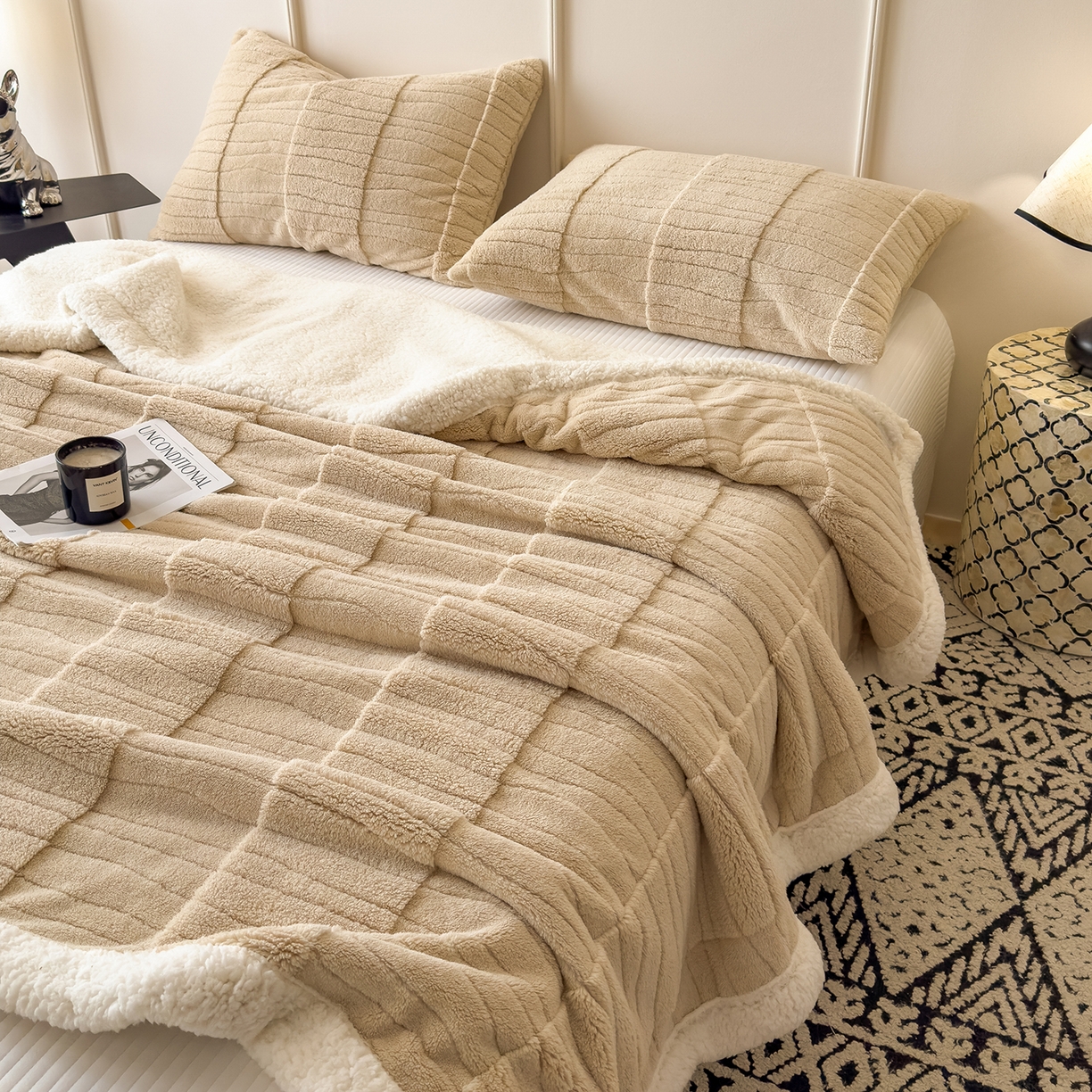 91家纺网 家纺一手货源 找家纺 世纪绒品 2025新款A类加厚水波纹羊羔绒双层提花毛毯 水波纹-浅卡