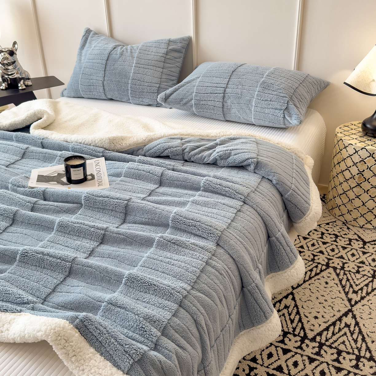 91家纺网 家纺一手货源 找家纺 世纪绒品 2025新款A类加厚水波纹羊羔绒双层提花毛毯 水波纹-蓝灰