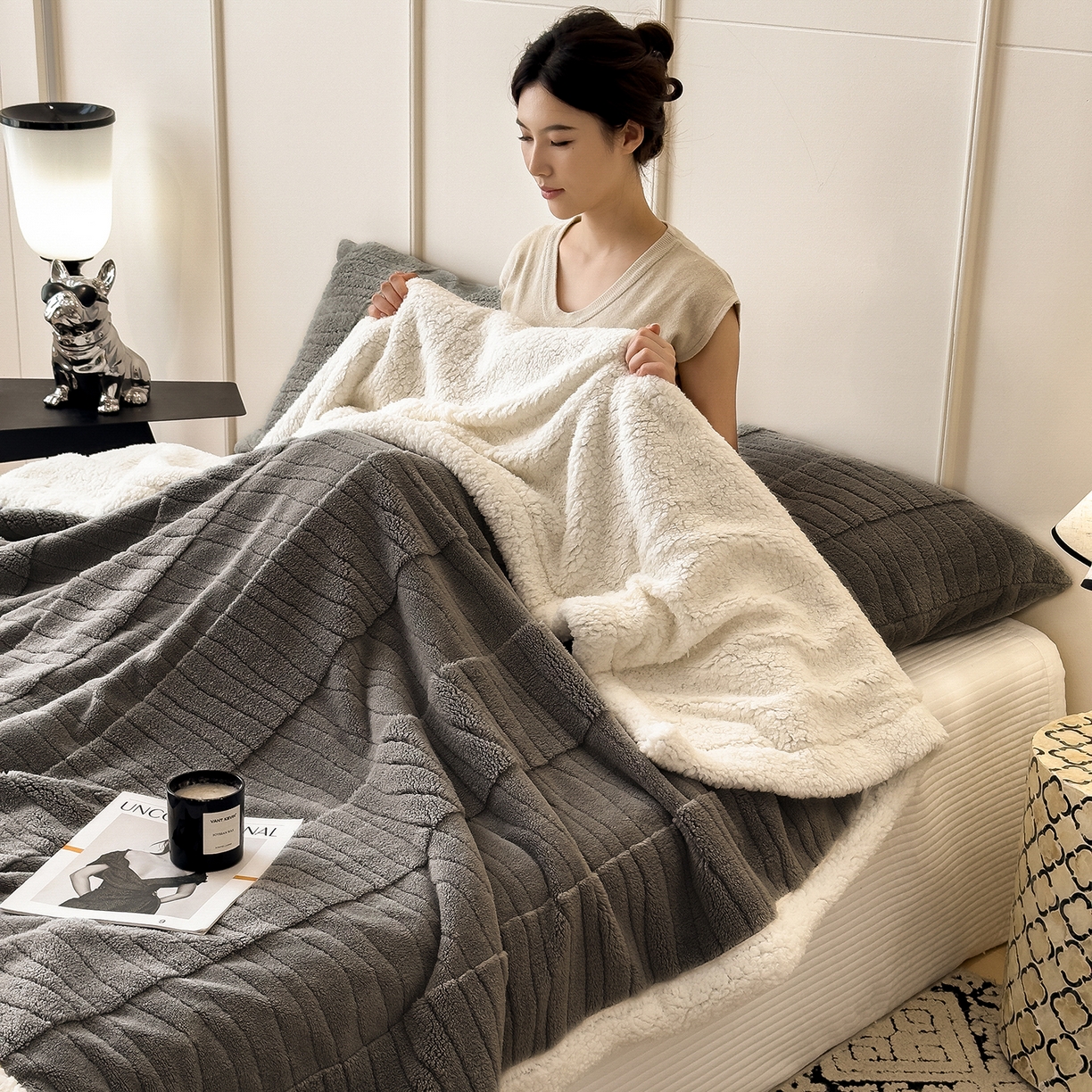91家纺网 家纺一手货源 找家纺 世纪绒品 2025新款A类加厚水波纹羊羔绒双层提花毛毯 水波纹-深灰