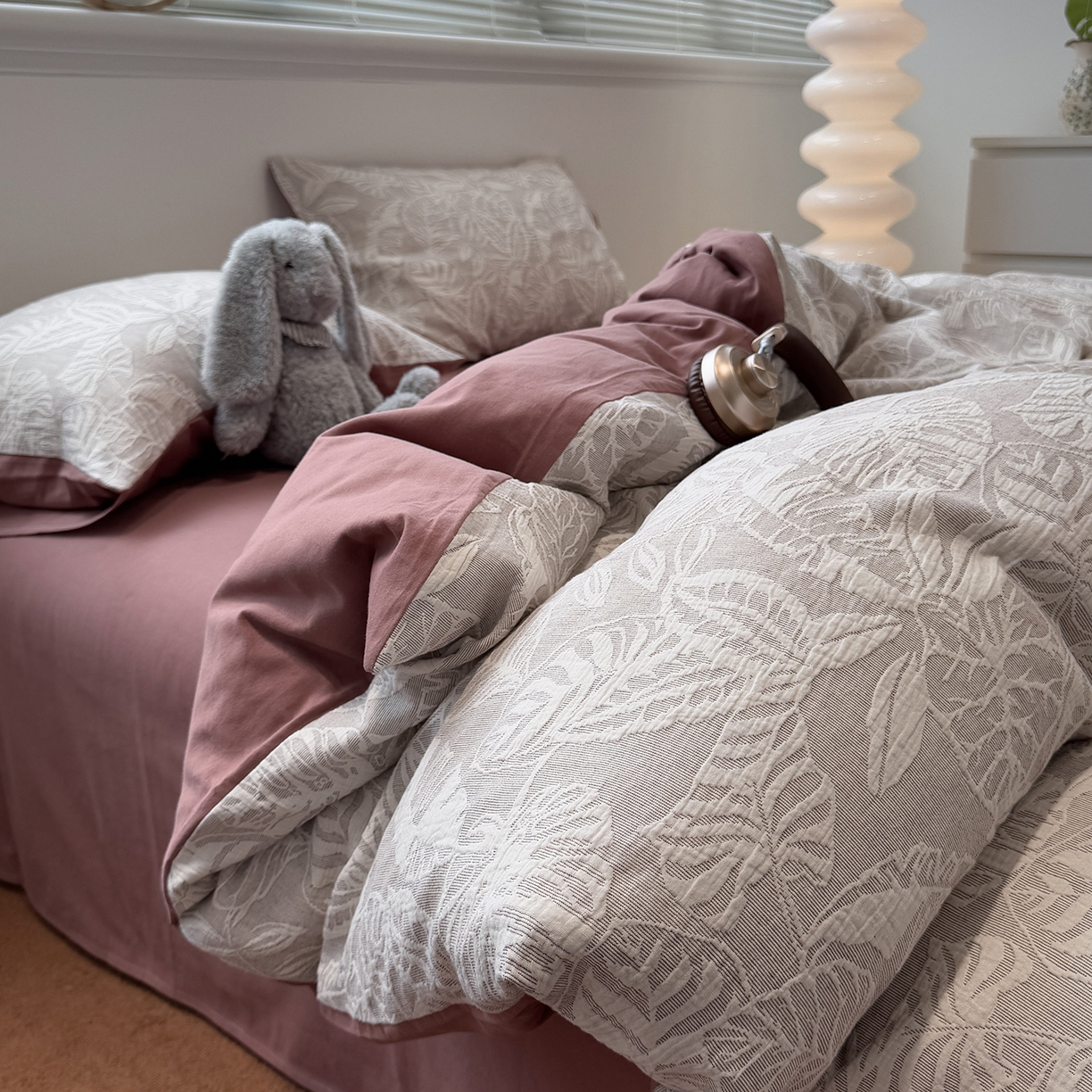 91家纺网 家纺一手货源 找家纺 慕尚家纺 2025新款全棉空气立体提花磨毛四件套 繁花似锦-豆沙