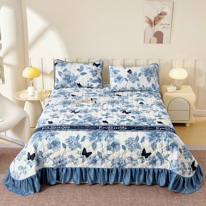 情煊家纺 2025新款简约加厚A类牛奶绒夹棉印花床盖 蝶恋