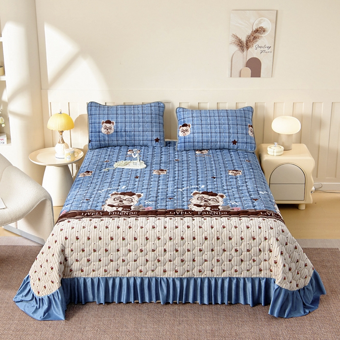 情煊家纺 2025新款简约加厚A类牛奶绒夹棉印花床盖 西高地