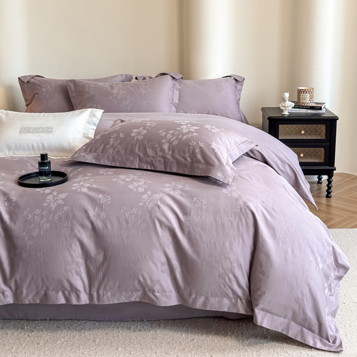 91家纺网 家纺一手货源 找家纺 魅都 全棉厚织长绒棉立体浮雕提花四件套全棉四件套花香轻舞 花香轻舞紫