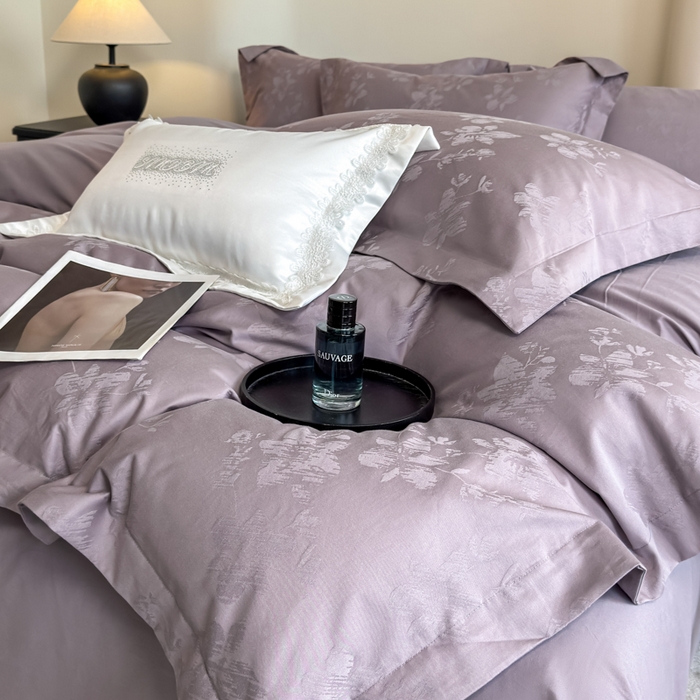 魅都 全棉厚织长绒棉立体浮雕提花四件套全棉四件套花香轻舞 花香轻舞紫