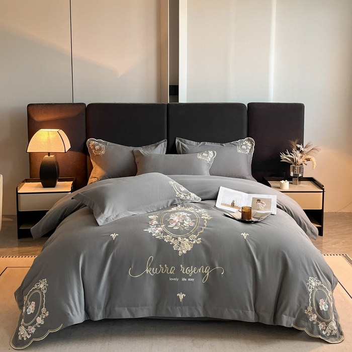 91家纺网 家纺一手货源 找家纺 博纳家纺 2025新款纯棉磨毛绣花四件套--花丽影系列 花丽影-高级灰