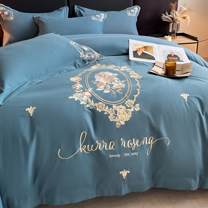 91家纺网 家纺一手货源 找家纺 博纳家纺 2025新款纯棉磨毛绣花四件套--花丽影系列 花丽影-宾利蓝