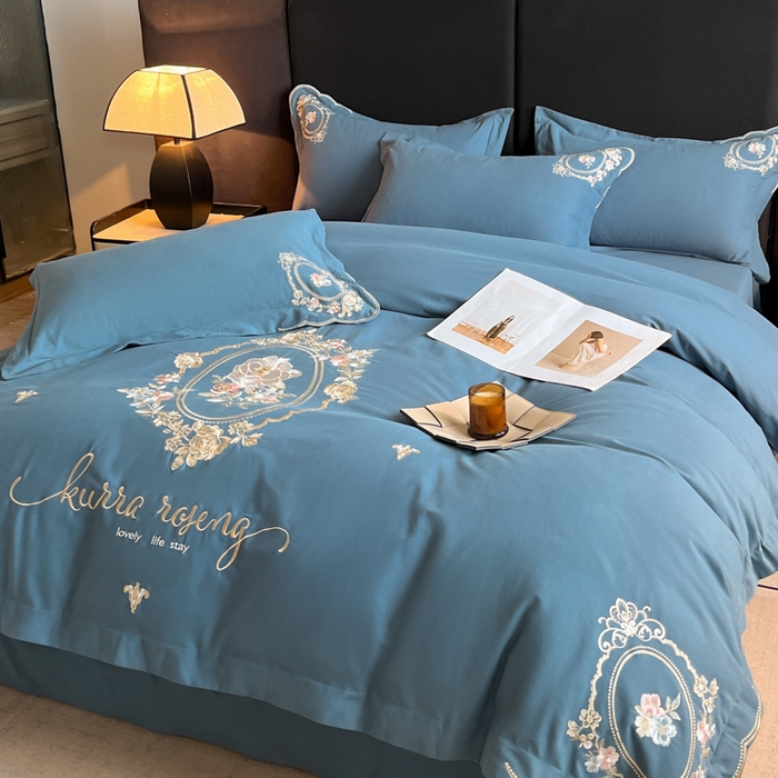 91家纺网 家纺一手货源 找家纺 博纳家纺 2025新款纯棉磨毛绣花四件套--花丽影系列 花丽影-宾利蓝