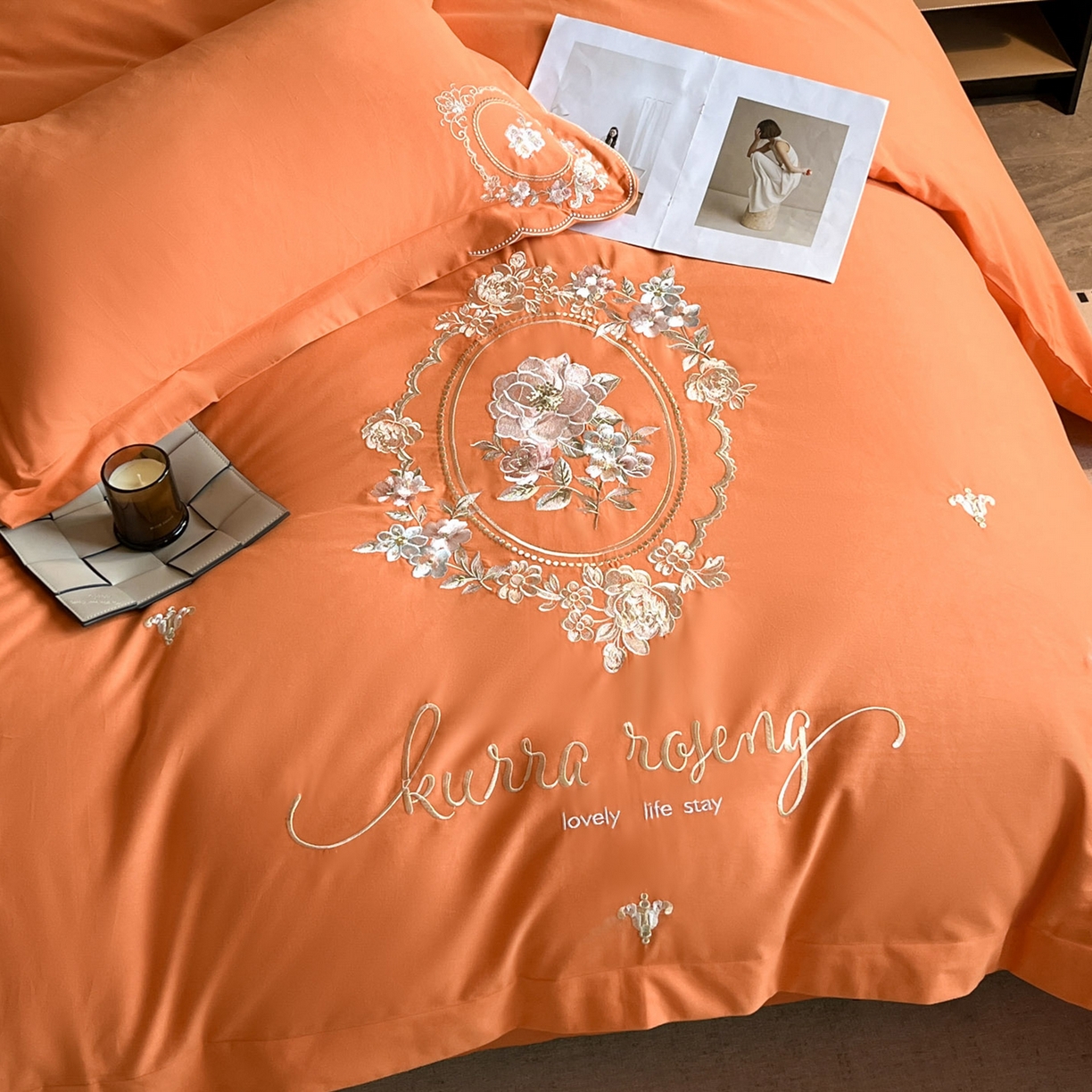 91家纺网 家纺一手货源 找家纺 博纳家纺 2025新款纯棉磨毛绣花四件套--花丽影系列 花丽影-爱玛橙