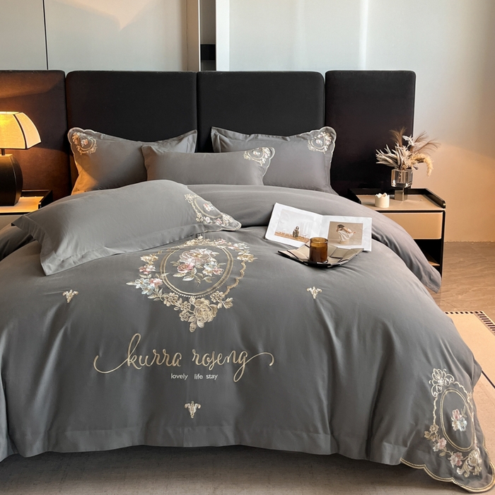 91家纺网 家纺一手货源 找家纺 博纳家纺 2025新款纯棉磨毛绣花四件套--花丽影系列 花丽影-高级灰