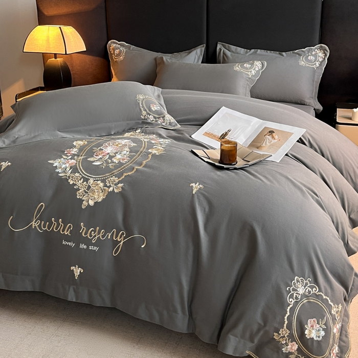 91家纺网 家纺一手货源 找家纺 博纳家纺 2025新款纯棉磨毛绣花四件套--花丽影系列 花丽影-高级灰