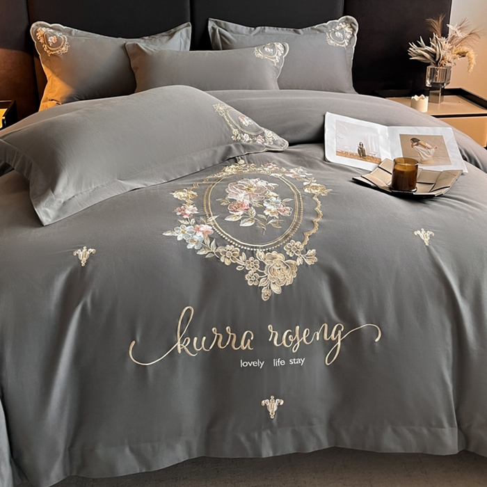 91家纺网 家纺一手货源 找家纺 博纳家纺 2025新款纯棉磨毛绣花四件套--花丽影系列 花丽影-高级灰