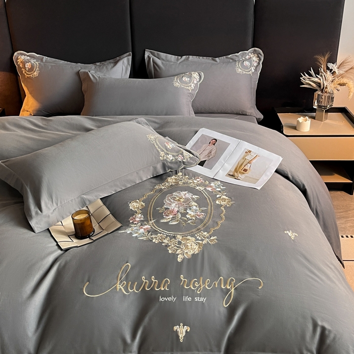 91家纺网 家纺一手货源 找家纺 博纳家纺 2025新款纯棉磨毛绣花四件套--花丽影系列 花丽影-高级灰