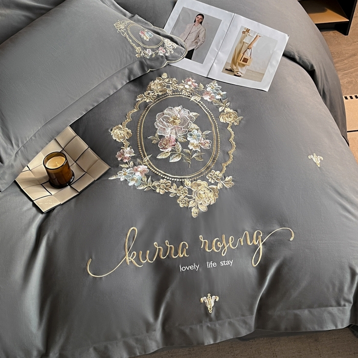 91家纺网 家纺一手货源 找家纺 博纳家纺 2025新款纯棉磨毛绣花四件套--花丽影系列 花丽影-高级灰