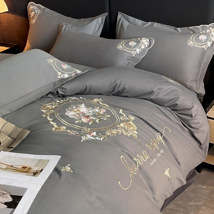 91家纺网 家纺一手货源 找家纺 博纳家纺 2025新款纯棉磨毛绣花四件套--花丽影系列 花丽影-高级灰