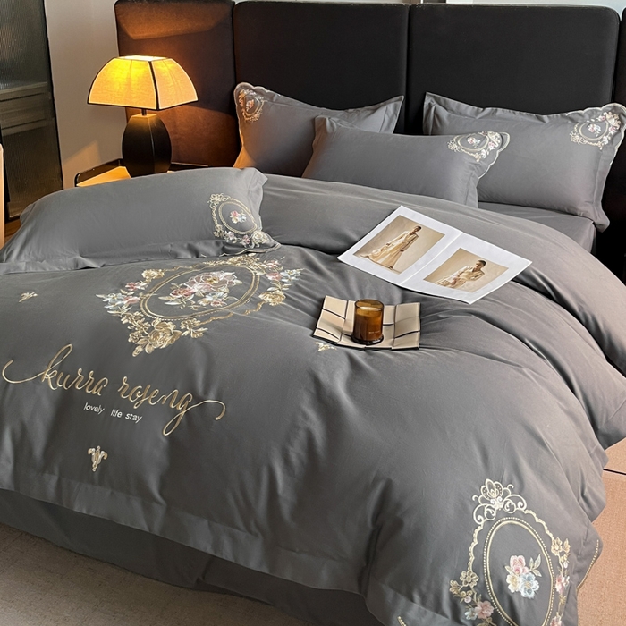 91家纺网 家纺一手货源 找家纺 博纳家纺 2025新款纯棉磨毛绣花四件套--花丽影系列 花丽影-高级灰