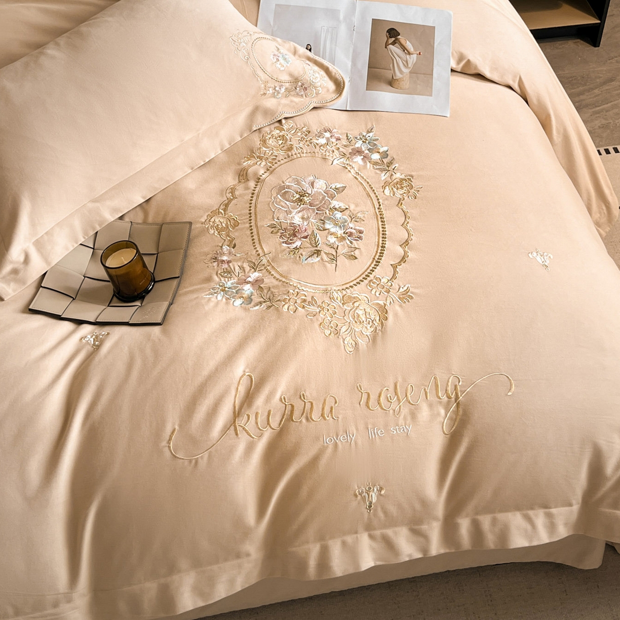 91家纺网 家纺一手货源 找家纺 博纳家纺 2025新款纯棉磨毛绣花四件套--花丽影系列 花丽影-香槟