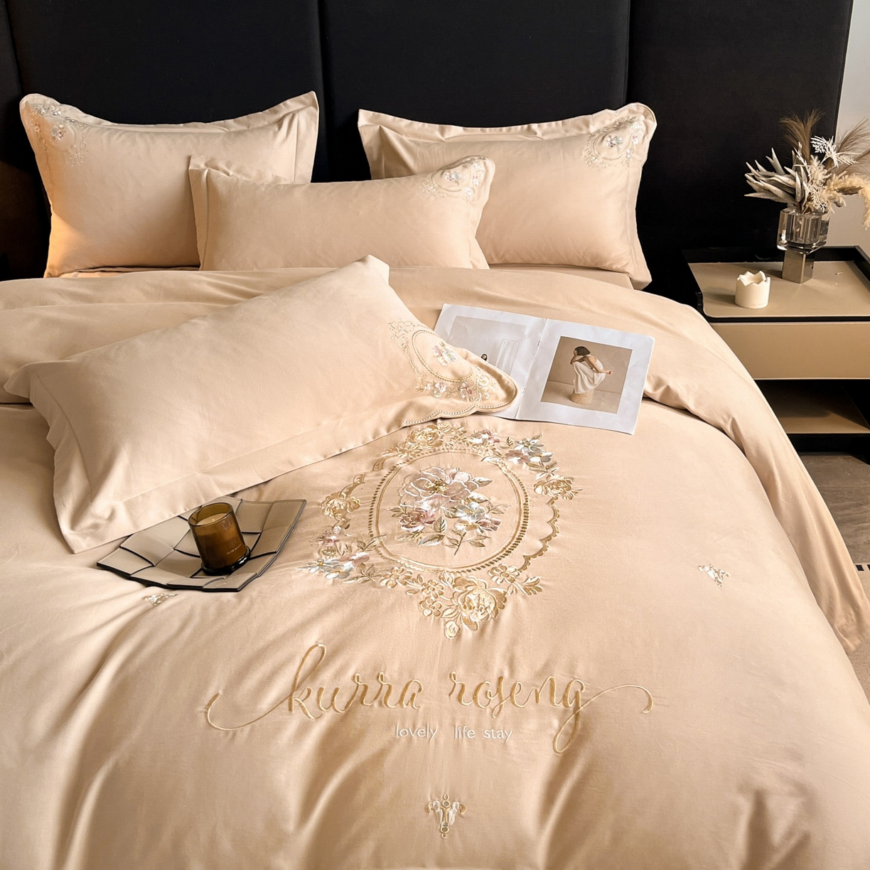 91家纺网 家纺一手货源 找家纺 博纳家纺 2025新款纯棉磨毛绣花四件套--花丽影系列 花丽影-香槟