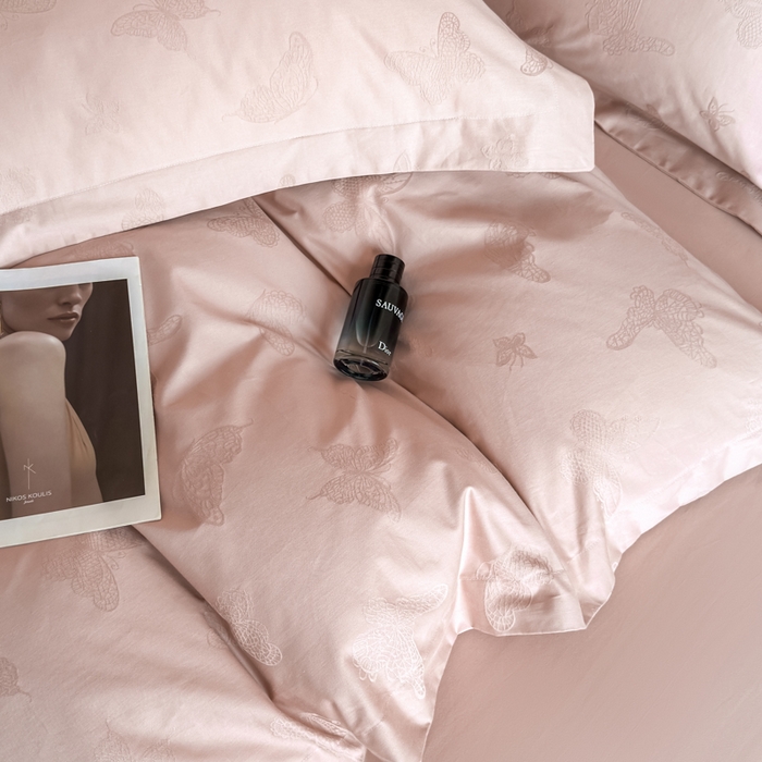 91家纺网 家纺一手货源 找家纺 魅都 全棉厚织长绒棉立体浮雕提花四件套全棉四件套夏日蝶梦 夏日蝶梦粉