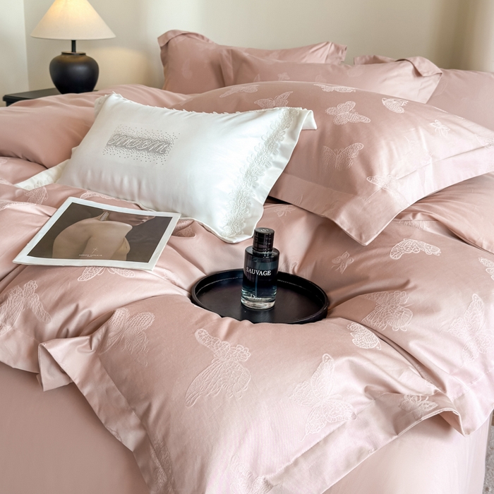 魅都 全棉厚织长绒棉立体浮雕提花四件套全棉四件套夏日蝶梦 夏日蝶梦粉