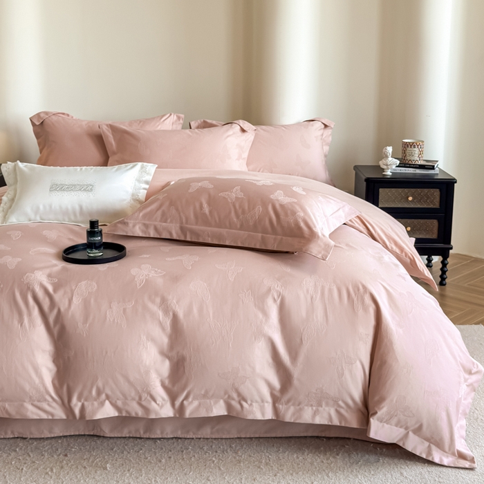 91家纺网 家纺一手货源 找家纺 魅都 全棉厚织长绒棉立体浮雕提花四件套全棉四件套夏日蝶梦 夏日蝶梦粉