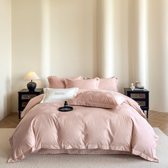 91家纺网 家纺一手货源 找家纺 魅都 全棉厚织长绒棉立体浮雕提花四件套全棉四件套夏日蝶梦 夏日蝶梦粉