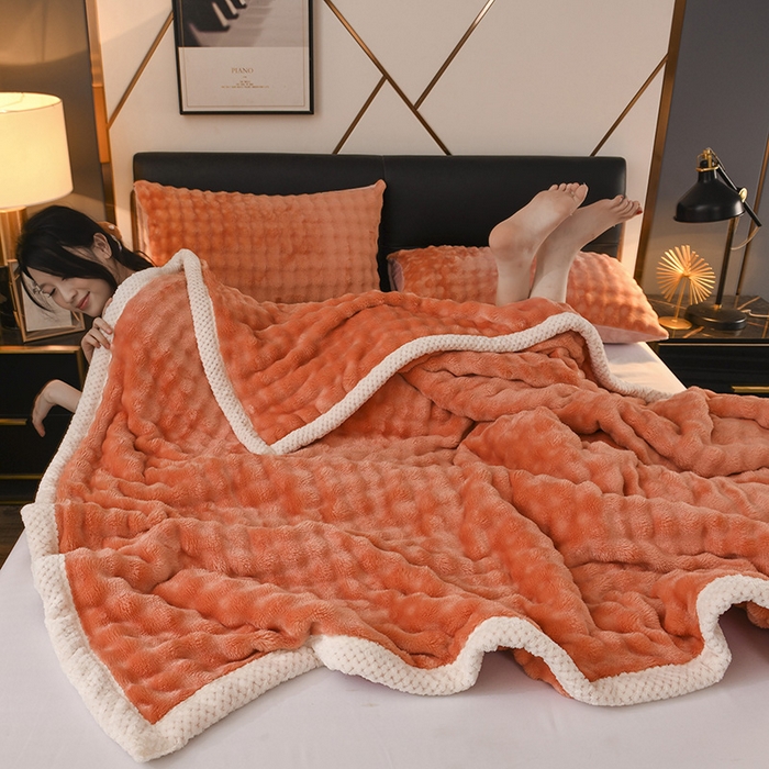 91家纺网 家纺一手货源 找家纺 青竹苑 2025新款兔毛绒多功能盖毯毛毯 简梦-赤橙