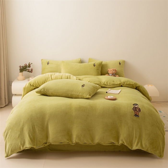 恋绒家纺 2025新款小熊牛奶绒四件套卡通被套宿舍学生三件套 小熊先生-果绿