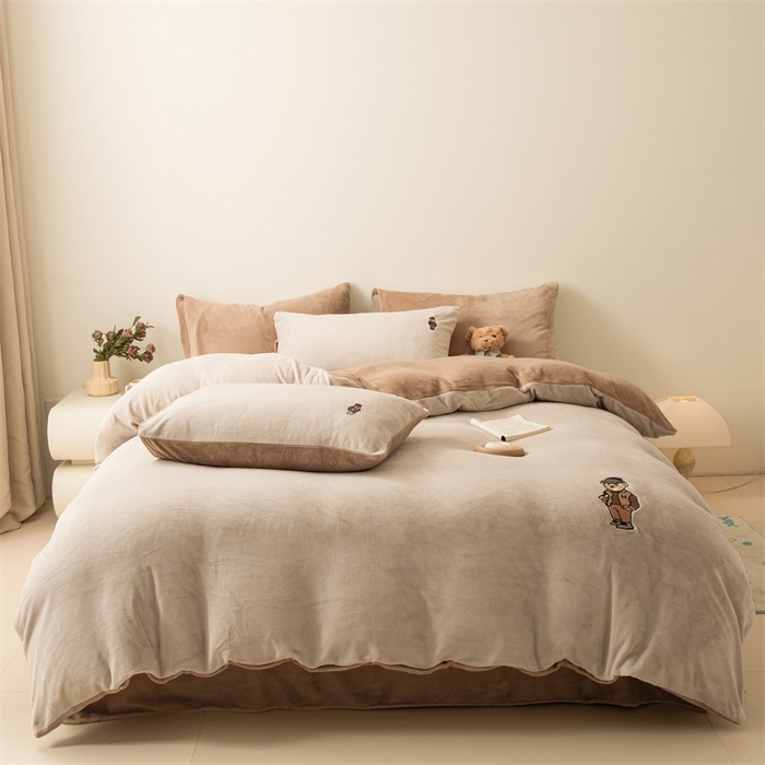 恋绒家纺 2025新款小熊牛奶绒四件套卡通被套宿舍学生三件套 小熊先生-米咖+深咖